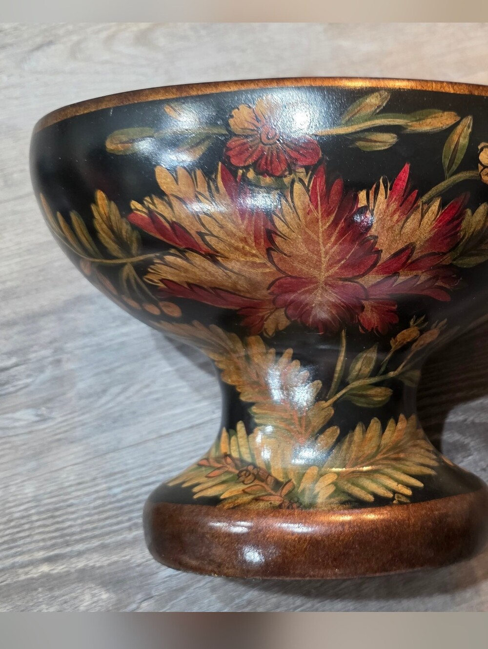 New Black Floral Decorative Pedestal Bowl -  Gold Trim Accents With 3 Balls